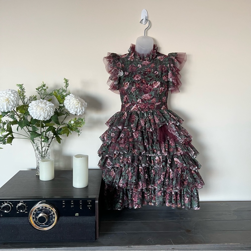 Green/burgundy day floral Mia Joy voluminous mini dress - Picture 3 of 11